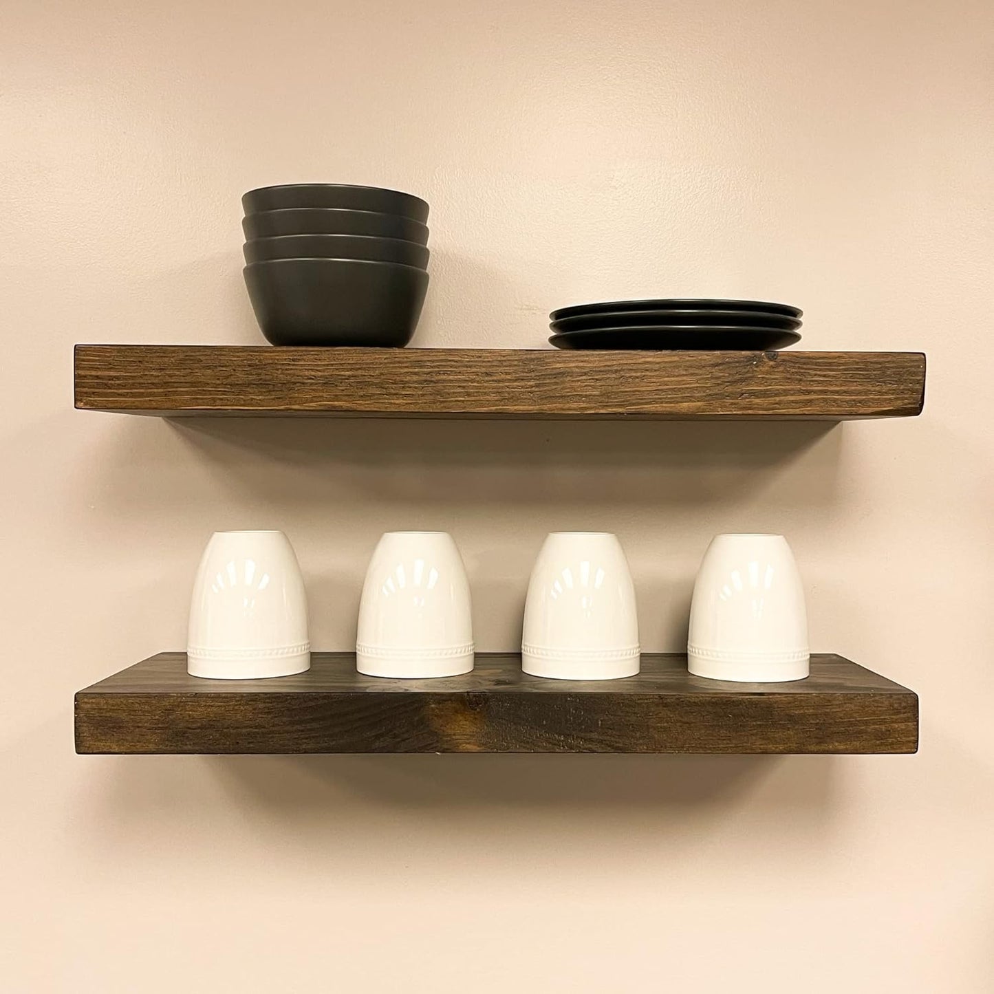 URBANDI, Rustic Floating Shelves, Set of 2, Hidden Bracket, Solid Wood, Heavy Duty, Wall Mounted Shelves, (Dark Brown, 12Wx12D)