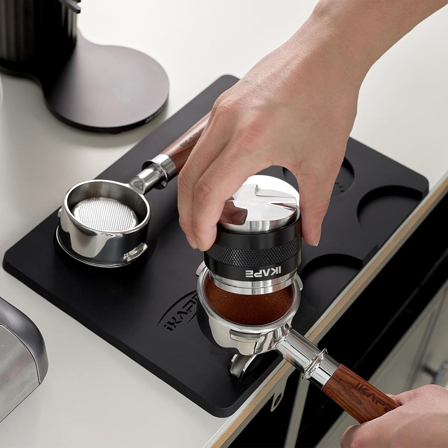 IKAPE Coffee Accessory Tool, Silicone Mat with Portafilter Holder, Espresso Tamping Station Mat, Distributor Food Safe & Non-Slip 11.61''x8.54'' (GJ-MAT)