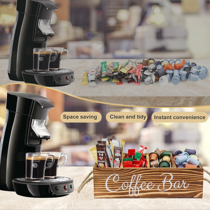 Wooden Coffee Pod Holder Coffee Station Organizer for Countertop Kcup Storage with Removable Dividers Bar Accessories Table Decor Tea Condiment Storage Box