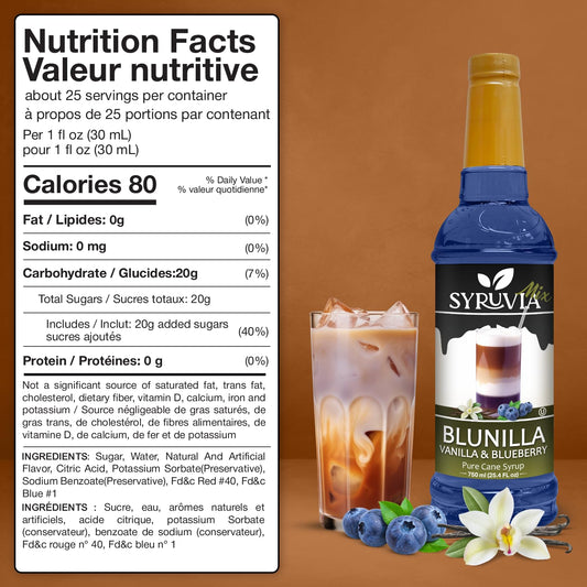 Syruvia BLUNILLA Coffee Syrup Vanilla Blueberry - 25.4 fl oz - Kosher Syrups, Gluten Free, No Coloring, Perfect for Drinks, Soda, Shakes, Desserts, and More.