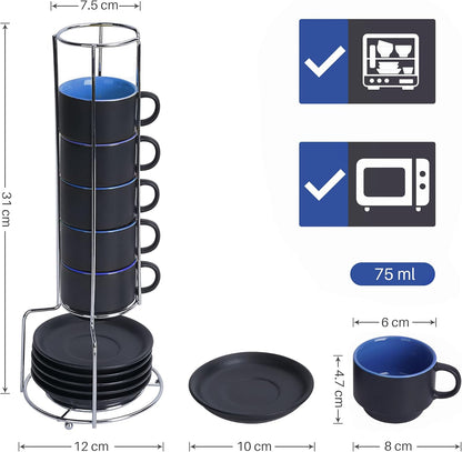 MIAMIO - 2.5 oz Espresso Cup Set with Saucers Coffee Mug Set of 6 - Ceramic Coffee Mug Stackable Espresso Mug with Stand for Coffee Drinks, Latte, Cafe Mocha - Le Papillon Collection (Blue)
