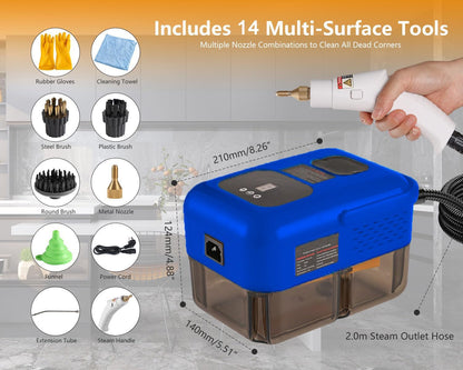 Handheld Steam Cleaner for Home, 2500W High Pressure Steamer for Cleaning, 9-Level Multipurpose Steam Cleaner for Car Floor Upholstery Kitchen Bathroom Grout Tile, 14 Accessories Included, Blue
