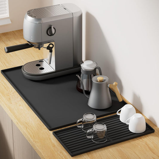 Golener Silicone Coffee Mat Set - 24" x 16" Coffee Bar Mat for Countertop, Kitchen Station Pad Accessories Fit Under Coffee Maker or Machine, Dish Drying Mat, Heat Resistant Kitchen Gadget, Black