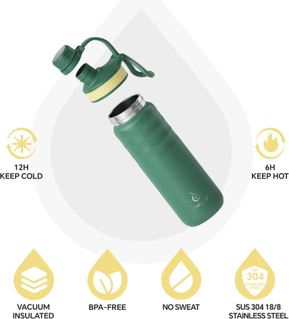 IDEUS Insulated Stainless Steel Water Bottle with 2 Leak-Proof Lids, Thermal Water Flask for Hiking Biking, 24oz, Green