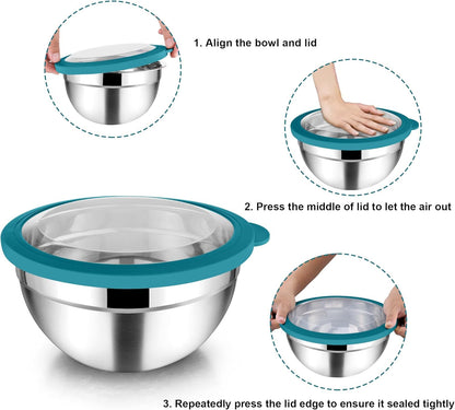 TeamFar Mixing Bowl Set, 4.5/3/1.5 QT Stainless Steel Nesting Salad Bowls with Airtight Lids, For Serving/Mixing/Storing/Prepping, Non-Toxic & Sturdy, Visible & Easy Clean, Dark Blue, Set of 3