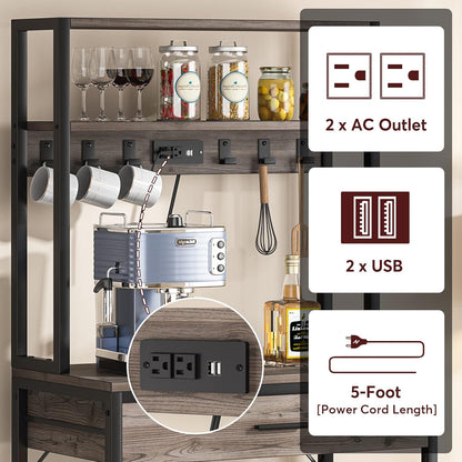LITTLE TREE Kitchen Baker’s Rack with Power Outlets, Freestanding 5-Tier Microwave Stand with Drawers & Sliding Shelves, Coffee Bar with 6 Hooks for Dining Room Living Room, Grey & Black