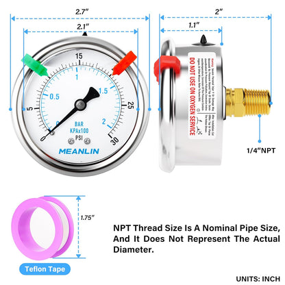MEANLIN MEASURE 0~30Psi Liquid Filled Pressure Gauge 1/4" NPT 2.5" FACE DIAL Stainless Steel Glycerin Filled WOG Water Oil Air Back Mount (with 2PCS Snaps)