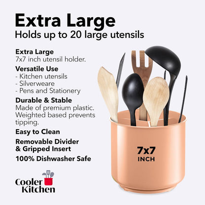Rotating Extra Large Peach Plastic Utensil Holder Caddy with Sturdy No-Tip Weighted Base, Removable Divider, and Gripped Insert - Dishwasher Safe Kitchen Utensil Holder for Countertop