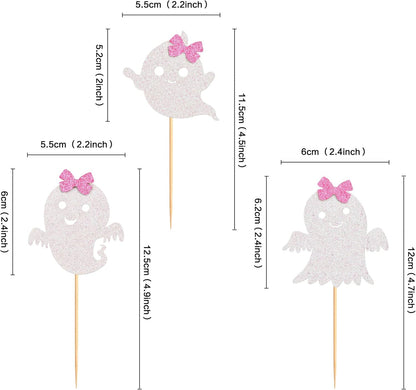 24Pcs Ghost Cupcake Toppers - Pink & White Halloween, Baby Shower, Ghost & Gender Reveal Decorations