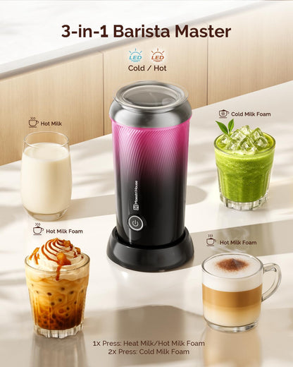 Maestri House Milk Frother, 3-in-1 Hot & Cold Mik Frothing Steamer, 8.12OZ/240ML Touch Control Foam Maker, Compact Space-saving Design for Latte, Cappuccino and Warm Milk