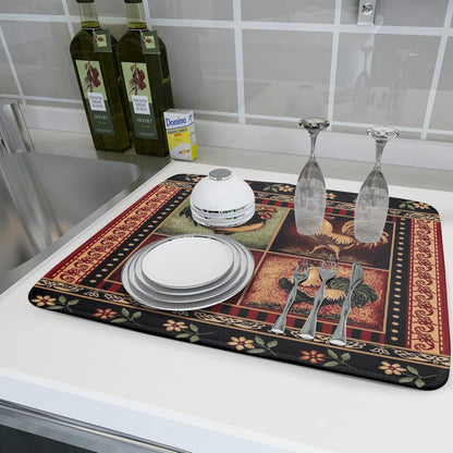 Farmhouse Rooster Dish Drying Mat 18 x 24 Inch Vintage Chicken Flower Absorbent Microfiber Dish Drying Pad Western Country Cabin Decor Dish Drainer Large Mat for Kitchen Counter Coffee Bar
