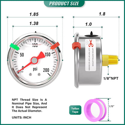 0-200psi Stainless Steel Glycerin Liquid Filled Pressure Gauge 1/8" NPT 1.5" Face Dial, Center Back Mount, for Water, Oil and Air Pressure Testing (with Range Mark Pointer)