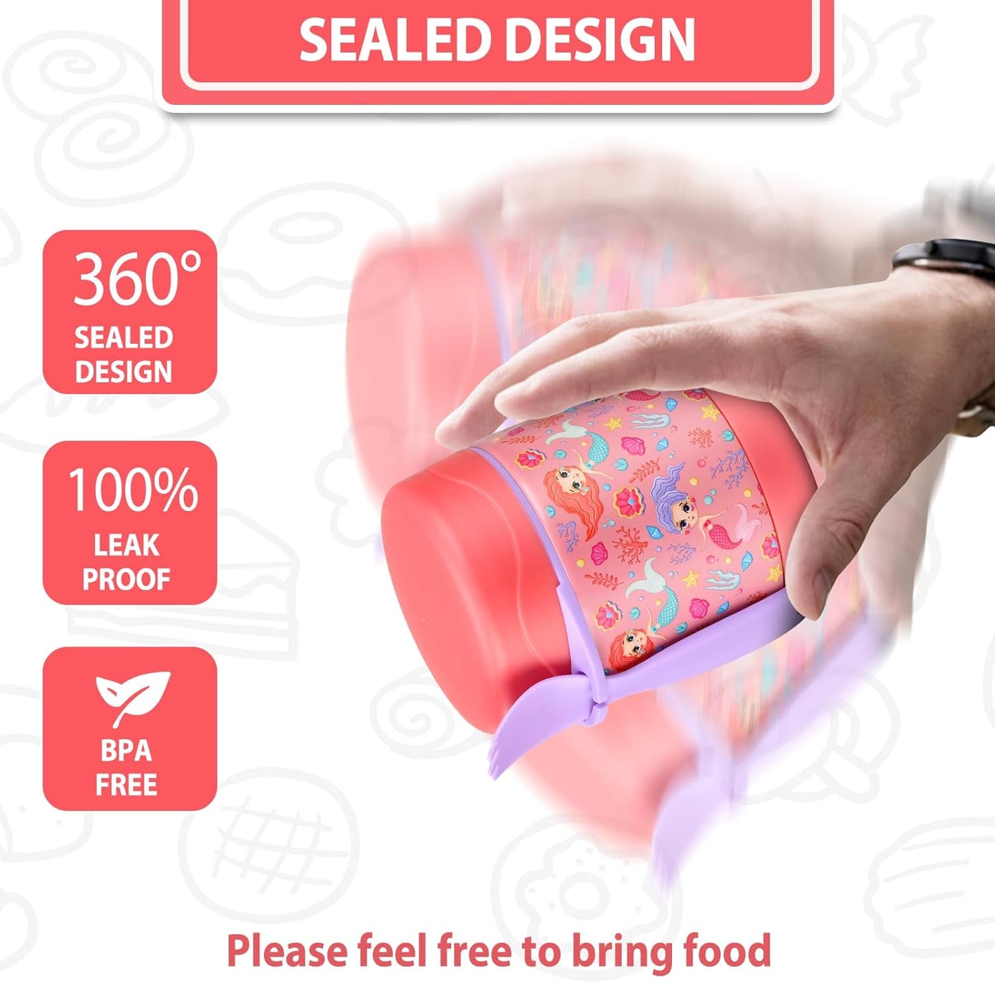 10oz Soup Thermo for Hot Food Kids,Lunch Thermo Kids Food Jar with Spoon Hot Insulated Food Containers,Leak Proof Stainless Steel Wide Mouth Lunch Food Thermo Jar for School(Pink-Mermaid)