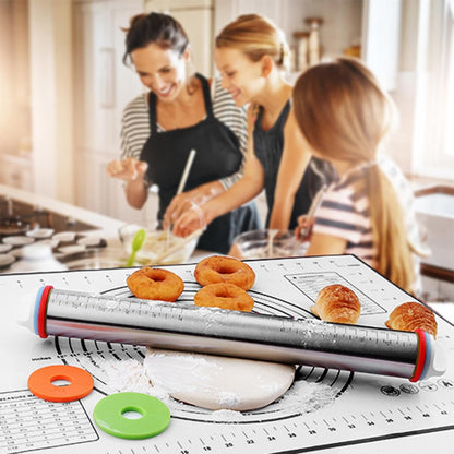 Rolling Pins, Stainless Steel Dough Roller, Rolling Pin and Silicone Baking Pastry Mat Set, Adjustable Rolling Pin with Thickness Rings for Baking Dough, Pizza, Pie, Pastries, Pasta, Cookies(Black)