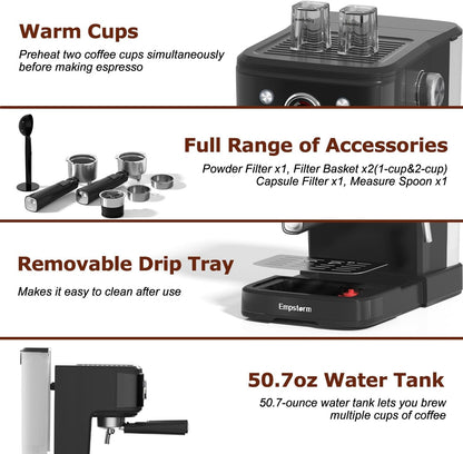 2in1 20 Bar Espresso Machine with Milk Frother, Coffee Latte Cappuccino Maker for Home, Coffee Machine Suitable for Coffee Powder/Capsules, Espresso Machines with Thermometer