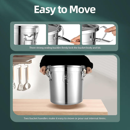 PERFERATE 304 Stainless Steel Airtight Canister 6L/12L Food Storage Bucket with Lids and Sturdy Locking Clamp Metal Cereal Rice Storage Container for Flour, Coffee Bean, Sugar, Cookie (21L)