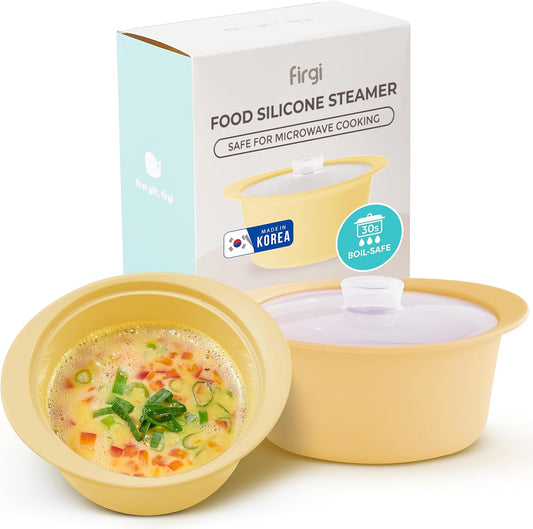 40oz Platinum Silicone Microwave Steamer Pot with Handle & Lid - Korea 100% Food-Grade Steamer Bowl, Heat-Resistant Cooker with Steam Holes, Easy Clean, Dishwasher Safe, Yellow