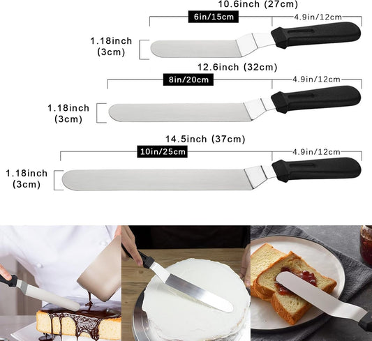 Offset Spatula Set with Pink Cake Scrapers, 3 Pack Angled Frosting Spatulas (6, 8, 10 inch) & 3 Cake Smoother Scrapers, Stainless Steel Icing Spatula for Cake Decorating, Baking & Pastry