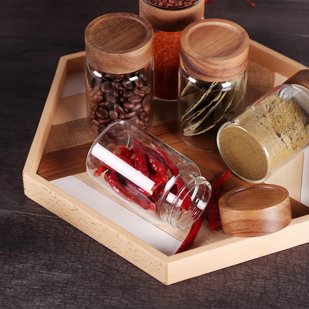 SAIOOL 6 Pcs Small Glass Spice Jars with Label,High Sealing Threaded Mouth,with Black Printed Spice Labels - 8.79oz /260ml*6,Empty Cylinder Spices Bottles,Storage Jars with Airtight Screw Lids