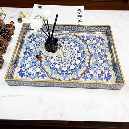 Blue Decorative Tray, Serving Tray with Handles, Plastic Large Tray for Coffee Table, Living Room, Decor, 15.7”*11.8”*1.6"