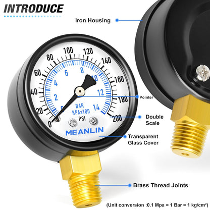 MEANLIN MEASURE 0-200Psi Well Pump Pressure Gauge 1/4" NPT 2" FACE DIAL for Air Compressor Air Regulator Water Filter Lower Mount, with Teflon Tape
