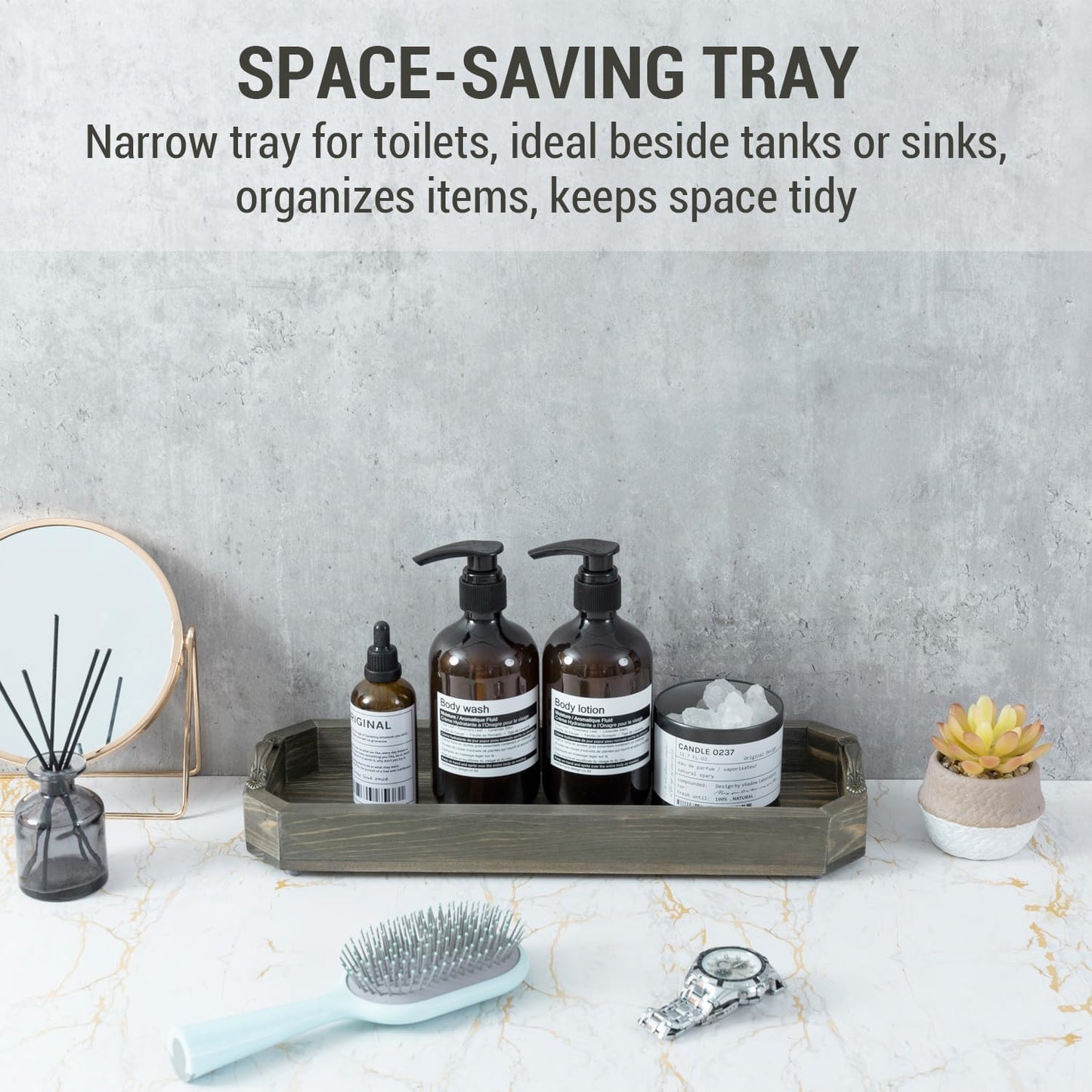 MyGift 2 Piece Narrow Wooden Vanity Tray, Vintage Gray Solid Wood Toilet Tank Tray, Decorative Octagonal Cosmetic Organizer with Antique Metal Handles