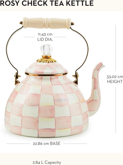 MACKENZIE-CHILDS Enamel Tea Kettle, Stylish Tea Kettle for Stovetop, Pink-and-White Rosy Check, 3 Quarts