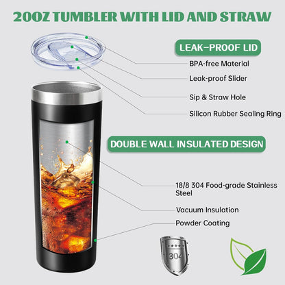 20 oz Skinny Tumbler with Lid and Straw,Stainless Steel Vacuum Insulated Tumbler Cup Double Wall Leak-proof Coffee Mug,Travel Thermal Water Tumbler for Office,Outdoor (Black/White/Rose gold/Silver)