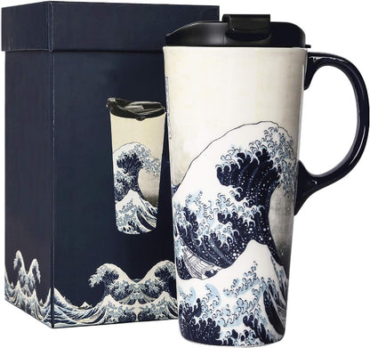 Topadorn Ceramic Travel Mug Porcelain Coffee Cup with Spill-proof Lid and Box, 17 Oz.