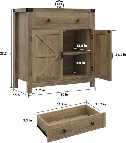 HOSTACK Coffee Bar Cabinet, Kitchen Storage Cabinet, Modern Farmhouse Buffet Sideboard with Drawer and Adjustable Shelf, Barn Door Accent Cabinets for Kitchen, Dining Room, Entryway,Rustic Brown