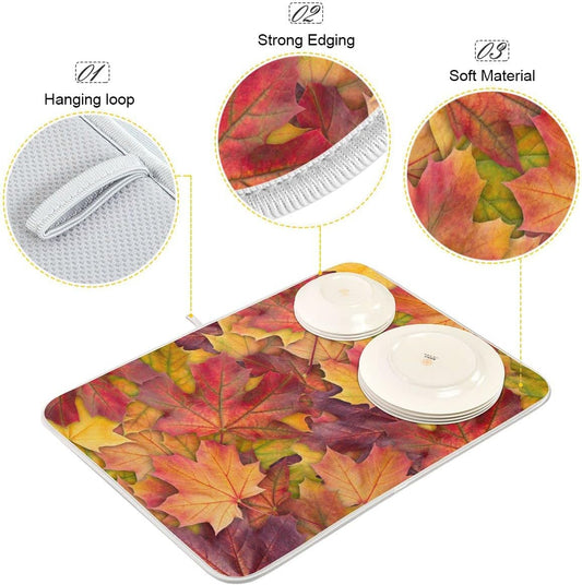Colorful Autumn Maple Leaves Dish Drying Mat for Kitchen Counter Fall Drying Mat 18 x 24 Inch with Absorbent Reversible Microfiber Dish Drying Pad Dish Rack Drainer Mats for Coffee Bar