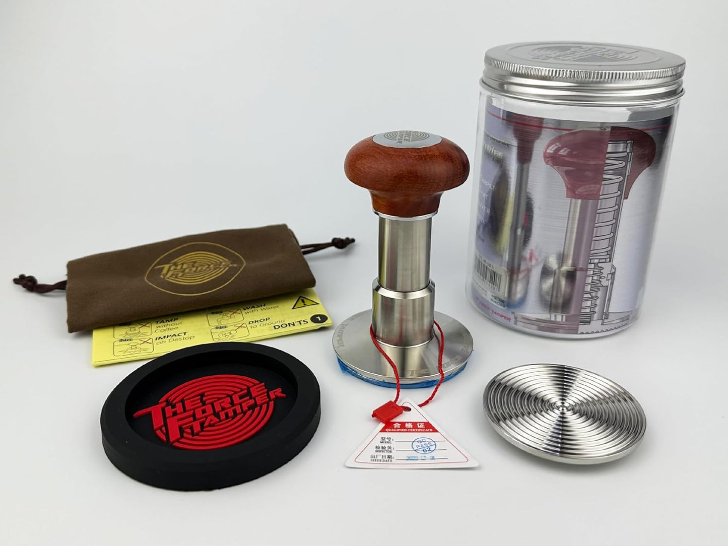 The Force Tamper Automatic Impact Adjustable Constant Pressure and Autoleveling Coffee Tamper Reddish Brown Jellyfish Wooden Handle Set Pro (Extend Set, 53.00mm)