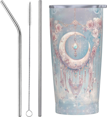 Moon Tumbler with Lid and Straw 20oz Coffee Tumblers Leakproof Stainless Steel Travel Mug Vacuum Insulated Cup for Iced and Hot