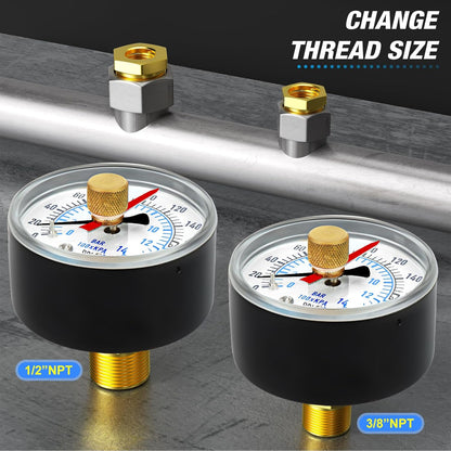 MEANLIN MEASURE 0-200Psi 2" DIAL FACE 1/4" NPT Well Pump Pressure Gauge with 1/2" NPT and 3/8" NPT Adaptor, 3-2-3% Accuracy,with Red Pointer Center Back Mount