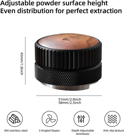 Bincoo 51mm Espresso Distributor Hand Tamper - Adjustable Coffee Leveler Tool for 51mm Portafilter, Walnut Wood Lid, 3-Slope Base Adjustable Depth Espresso Distributor for Barista