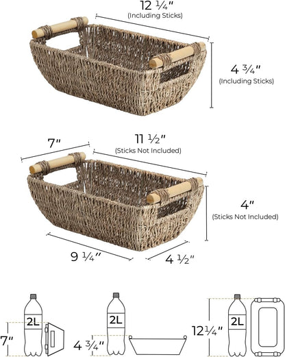 StorageWorks Small Baskets for Bathroom, Seagrass Woven Basket with Wooden Handles for Gifts, 2-Pack