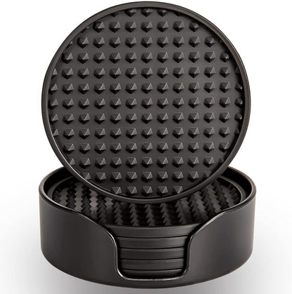 Coasters for Drinks 6 Pcs Drink Plastic Coaster with Holder,Heat Resistant Silicone Cup Mat Tabletop Protection,Non-Slip Rubber Coasters for Kinds of Cups (Black)