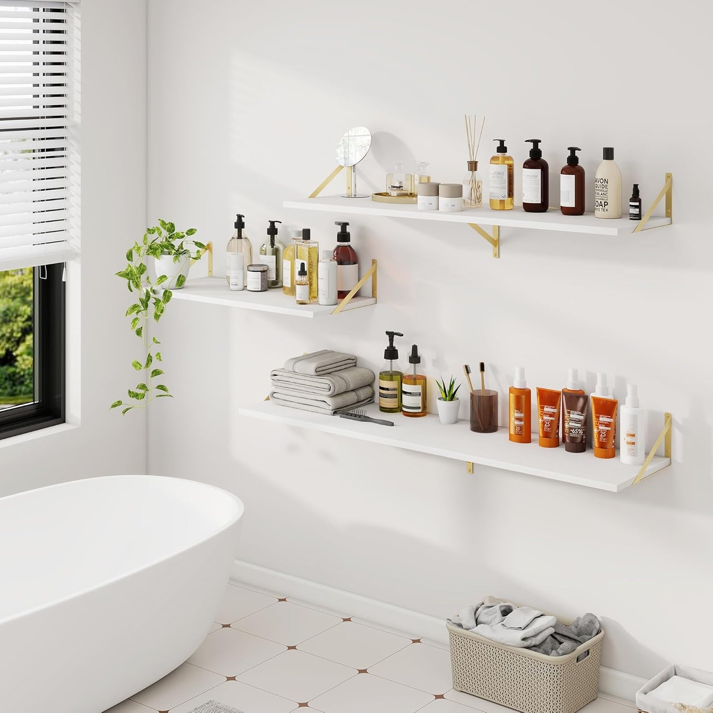 Floating Shelves for Wall, 12 Inch Deep Floating Shelves Set of 2, 30W x 12D Large Wall Shelf with Sturdy Metal Brackets for Living Room, Bathroom, Bedroom and Kitchen, White with Gold Bracket