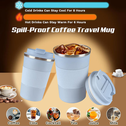 Vacuum-Insulated Stainless Steel Travel Coffee Mug, Leak-Proof Reusable Coffee Cup with Lid - Keep Hot & Cold Drinks for Hours, Durable Thermos Tumbler for Men & Women (3rd-Light Blue, 12OZ)