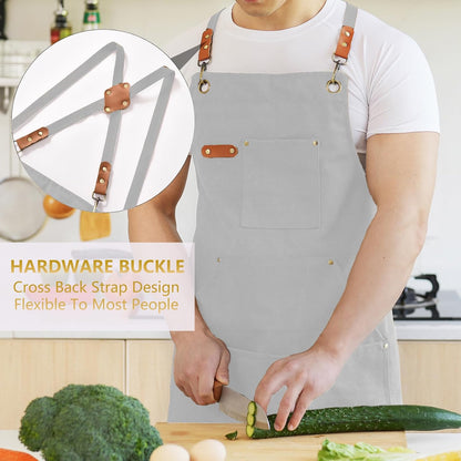 Canvas Aprons for Men Chef Apron, Work Apron with Large Pockets - 16oz Heavy Duty Cross Back, BBQ, Cooking