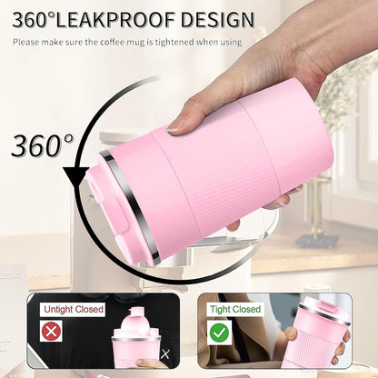 YINBAOGE Insulated Travel Coffee Mug Spill Proof Leak Proof Pobtable To Go Camping Stainless Steel Coffee Tumbler Reusable Coffee Cups with Lids Thermos for Hot and Cold Drink (Pink, 17 OZ)