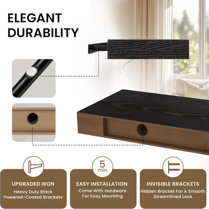 Floating Shelves for Wall, 55"W x 9.3"D x 1.5"H, Long Wooden Wall Mounted Display Shelves with Invisible Brackets for Living Room, Bedroom, Bathroom, Kitchen Decor and Storage, Set of 1, Black