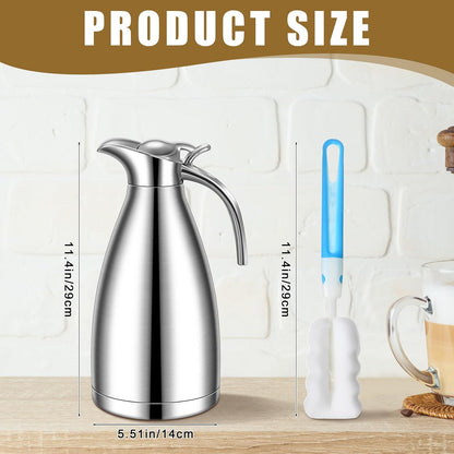 Uiifan 2 Pcs 68 oz Thermal Coffee Carafe Insulated Stainless Steel Coffee Carafe for Hot Liquids Vacuum Thermal Pot Creamer Dispenser with Brushes Keeping Hot Tea Milk Water(Silver)