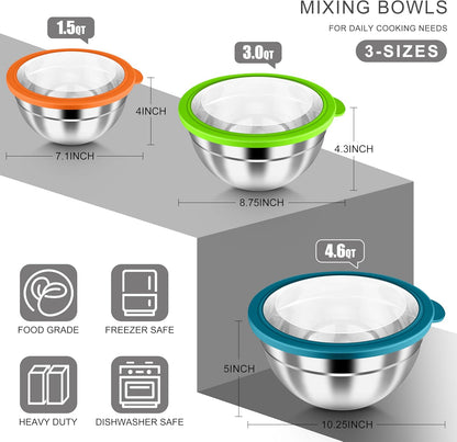 HaWare Mixing Bowls with Airtight Clear Lids, 6-Piece Stainless Steel Strong Nesting Bowls Set, Metal Salad Bowl for Cooking, Prepping, Baking, Serving & Food Storage, Size 4.6, 3, 1.5QT, Colorful