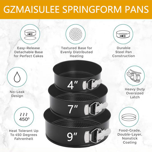 Springform Cake Pan Set of 3 (4, 7, 9 Inch) Round Leakproof Nonstick Cheesecake Pans with Removable Bottom Carbon Steel Bakeware