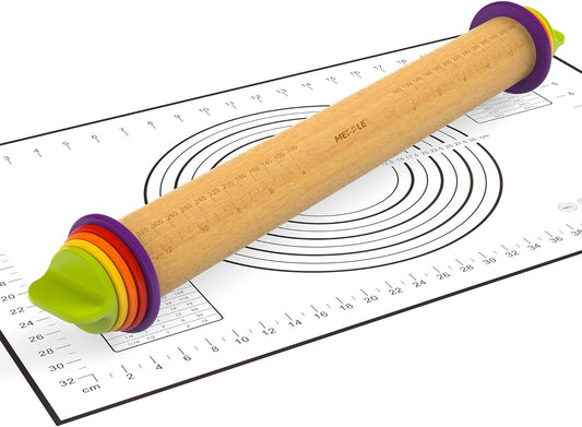 Rolling Pin with Thickness Rings and Pastry Baking Mat, 13.6" Adjustable Wooden Rolling Pin Dough Roller for Baking Cookie Pizza, Comes with Large Silicone Pastry Mat, Kitchen Baking Tools