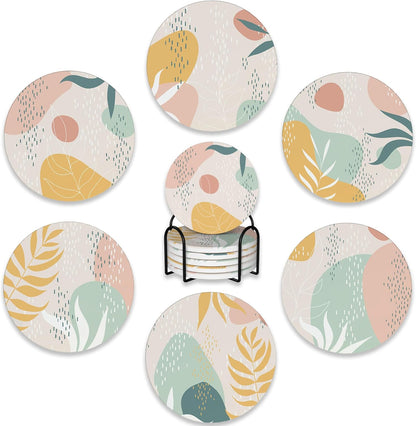 Drink Coasters Set of 6 with Holder,Abstract Dots and Leaves Absorbent Ceramic Coasters with Cork Base,Fit All Cups,Tabletop Protection Mat for Mugs and Cups,Office,Kitchen