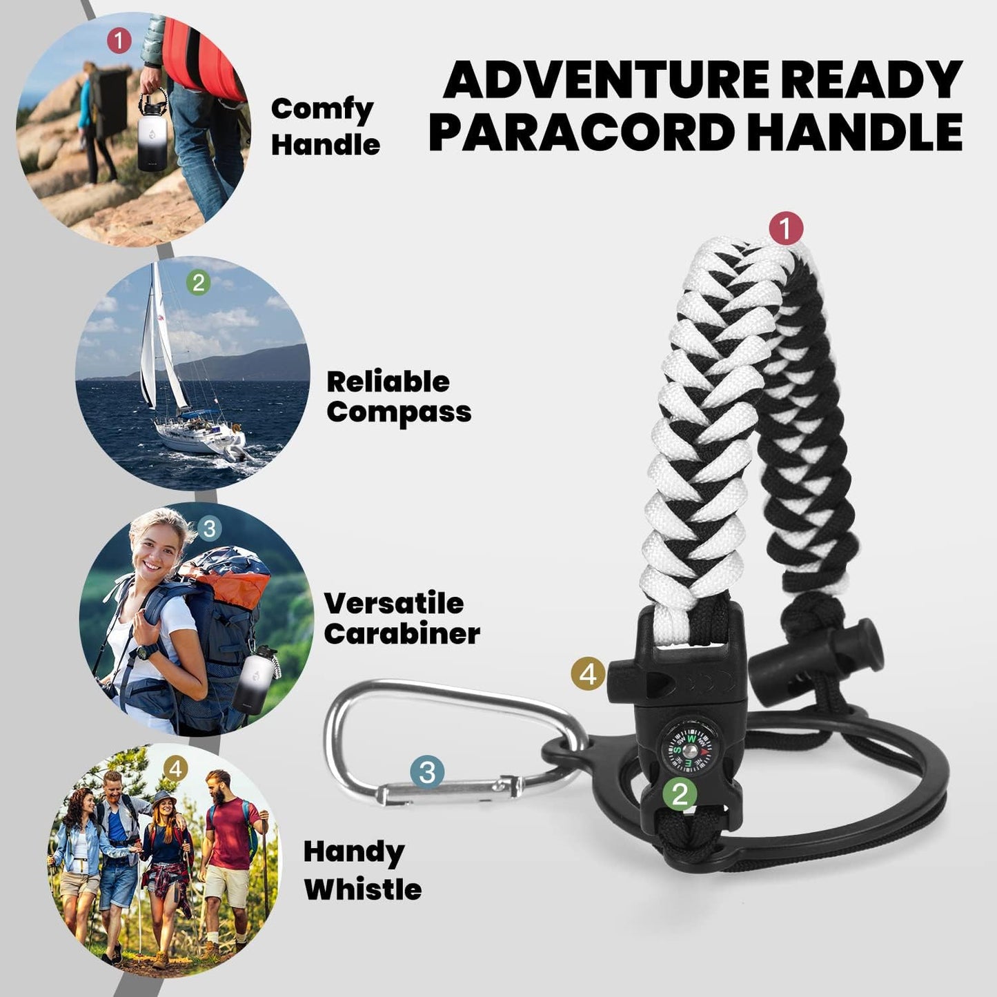 Insulated Water Bottle 64 oz, Triple Wall Vacuum Stainless Steel (Cold for 48 Hrs), Leak Proof & Non-BPA, Half Gallon Water Flask Jug with Paracord Handle & Straw Spout Lids, White/Black