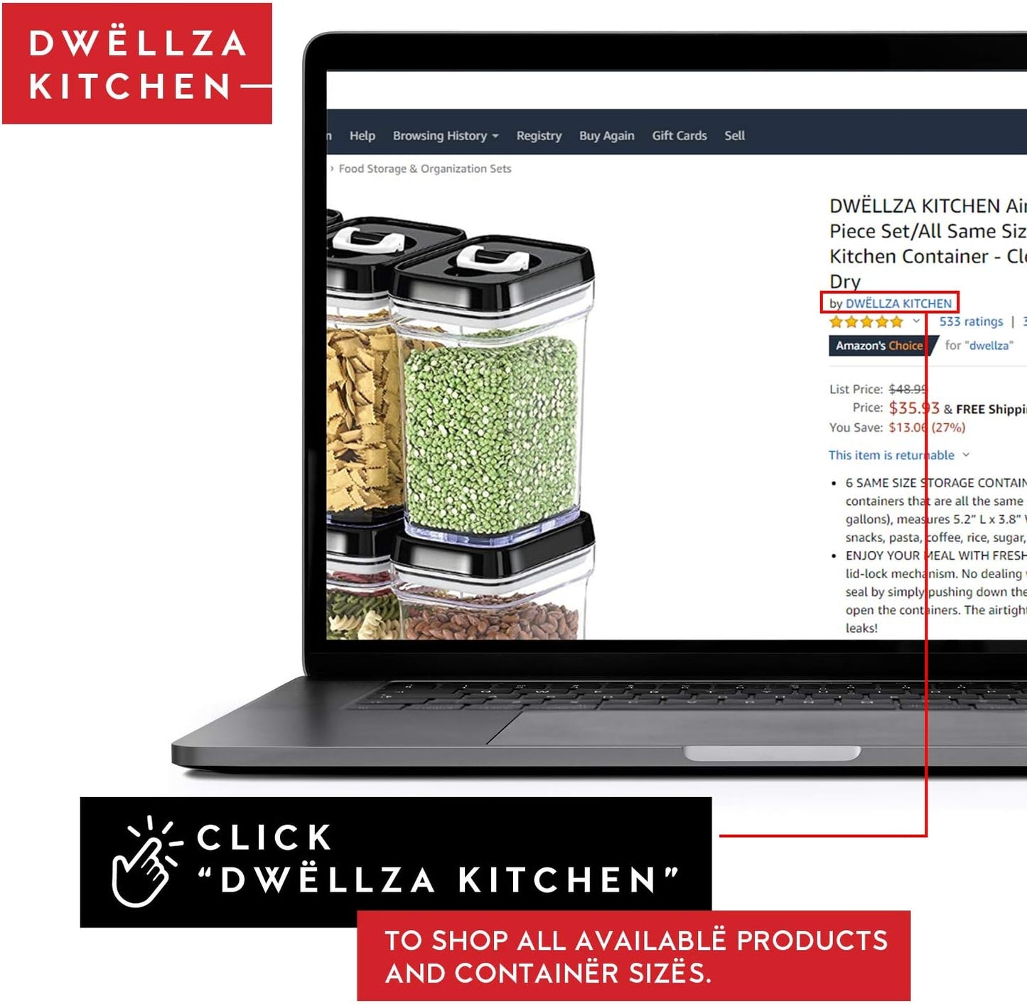 DWËLLZA KITCHEN Airtight Food Storage Containers with Lids – 6 Piece Set Air Tight Kitchen Storage Containers for Pantry Organization and Storage - Clear Plastic BPA-Free - Keeps Food Fresh & Dry