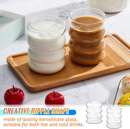 Tessco for you 4 Pcs Creative Glass Cups Vintage Drinking Glasses Ribbed Glassware Aesthetic Cup Entertainment Dinnerware Glassware with Straws Set for Kitchen Coffee Beverage(13.5 oz,Clear)